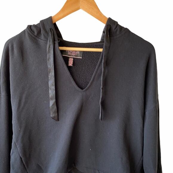 Victoria's Secret Cropped V-Neck Hoodie, Size XS, Black Pullover Sweatshirt - Picture 2 of 7